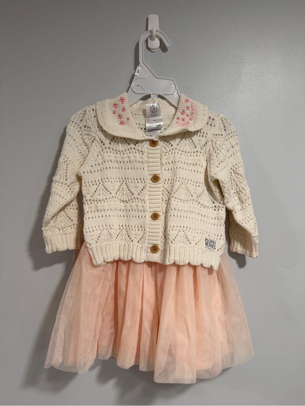 Cream Knit Cardigan with Peach Tulle Skirt Dress